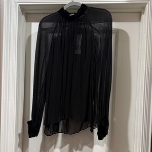 NWT Zara Elegant Black Sheer Women's Top velvet trim .